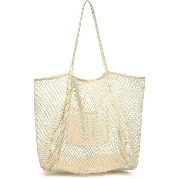 Women's Cream-beige Mesh Beach Tote Nylon/polyester No-closure Shoulder Hand Bag - Picture 1 of 6